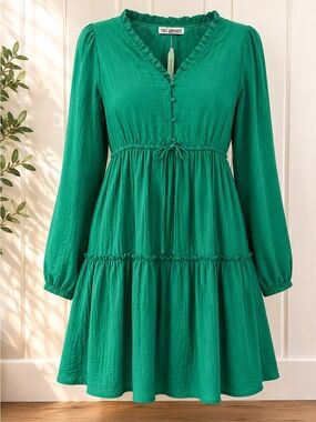 Emerald Green Long-Sleeve Tiered Dress